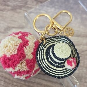 Tory Burch Straw‎ Hat Red Cream Pom-Pom Bag Charm Key Fob Holder